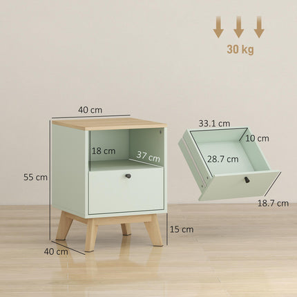 Modern Nightstand Set of 2, Bedside Table with Drawer and Open Shelf, Side End Table for Bedroom, Light Green