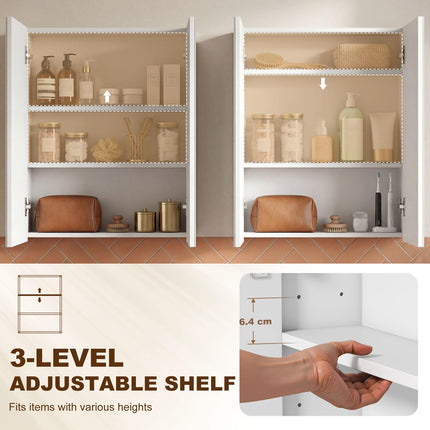 Wall Mounted Bathroom Mirror Storage Cabinet w/ Door Adjustable Shelf, White