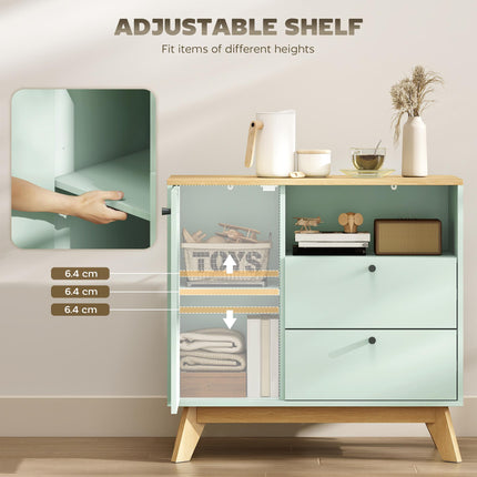 Sideboard Storage Cabinet, 80 cm Buffet Cabinet with 2 Drawers, Open Compartment, Adjustable Shelf, Light Green and Oak