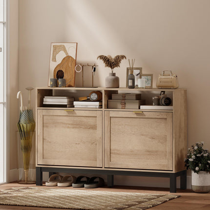 Shoe Cabinet with 2 Flip Drawers, Narrow Shoe Storage Top for Entryway Hallway, Walnut Brown