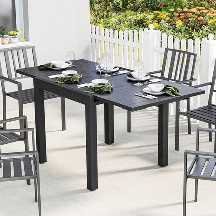 Extending Garden Table for 4-6, Aluminium Outdoor Dining Table with Faux Wood Slatted Top, Black