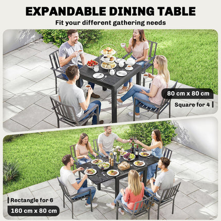Extending Garden Table for 4-6, Aluminium Outdoor Dining Table with Faux Wood Slatted Top, Black