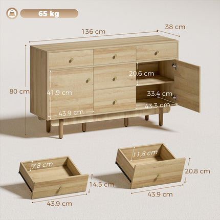 Sideboard with 5 Drawers and 2 Cabinets Buffet Cabinet with Solid Wood Legs 136 cm Walnut
