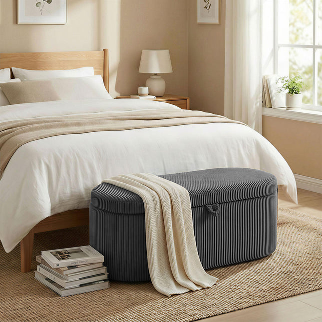 Storage Ottoman, Corduroy Upholstered Ottoman Storage Box with Padded Seat, 105 x 51 x 49 cm, Dark Grey