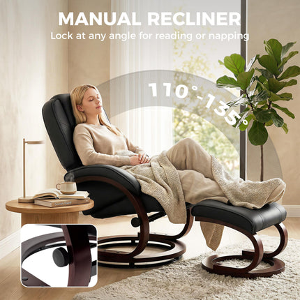 Swivel Recliner Chair with Footstool, PU Leather Recliner Armchair with Adjustable Back and Wood Frame, Black