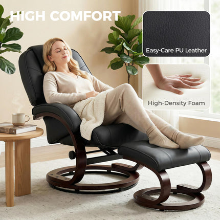 Swivel Recliner Chair with Footstool, PU Leather Recliner Armchair with Adjustable Back and Wood Frame, Black