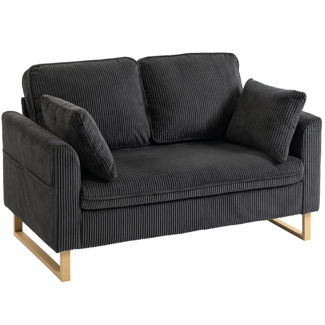 2 Seater Sofa, 140 cm Loveseat Sofa with Spring Cushions, Metal Legs, 2 Pillows, Dark Grey