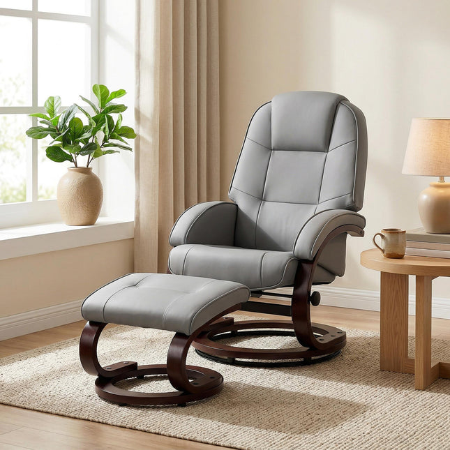 Swivel Recliner Chair with Footstool, PU Leather Recliner Armchair with Adjustable Back and Wood Frame, Grey