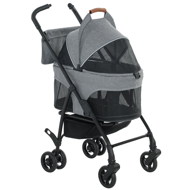 Pet Stroller, Foldable Dog Cat Stroller with Detachable Carrier, Wheels, Storage Basket, Secure Leash