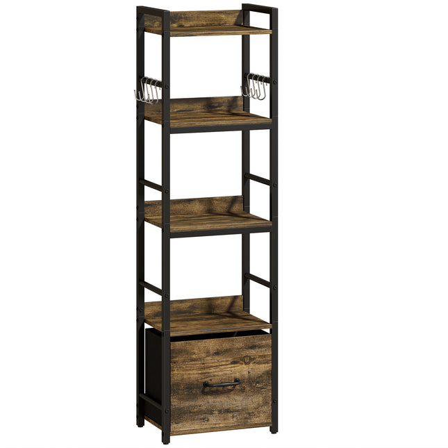 4-Tier Bookshelf, Narrow Bookcase with Drawer, 8 Hooks, Metal Frame, Rustic Brown
