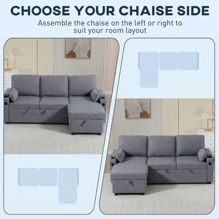 Corner Sofa Bed, L Shaped Sleeper Sectional Sofa with Reversible Storage Chaise, Grey