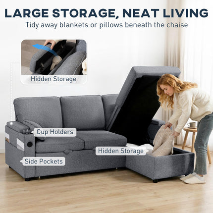 Corner Sofa Bed, L Shaped Sleeper Sectional Sofa with Reversible Storage Chaise, Grey