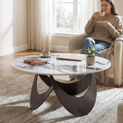 Coffee Table Sintered Stone Top Adjustable Foot Pads Modern Centre Table for Living Room White and Black