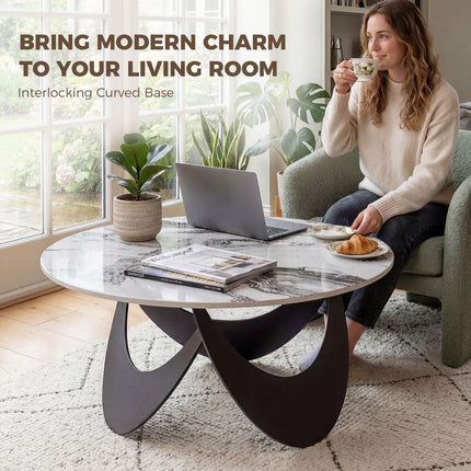 Coffee Table Sintered Stone Top Adjustable Foot Pads Modern Centre Table for Living Room White and Black