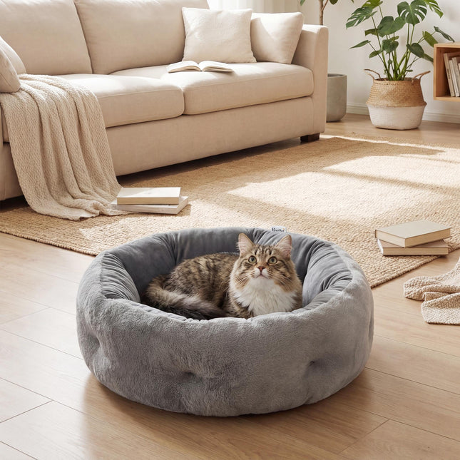 Cat Bed, Reversible Dog Pet Bed for Indoor Cats and Small Dogs, Round Bed with Supportive Bolster, Dark Grey