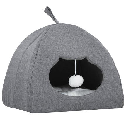 Cat Cave Bed for Indoor Kittens, Cat House with Removable Cushion and Teaser Ball, Kitty Igloo with Anti-Slip Base, 42 x 42 x 39 cm, Grey