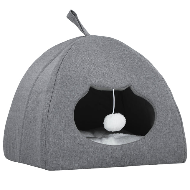 Cat Cave Bed for Indoor Kittens, Cat House with Removable Cushion and Teaser Ball, Kitty Igloo with Anti-Slip Base, 42 x 42 x 39 cm, Grey