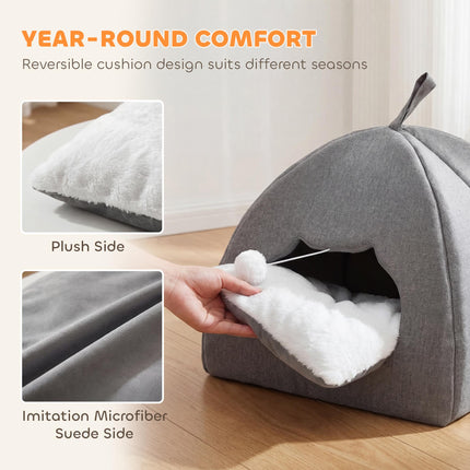 Cat Cave Bed for Indoor Kittens, Cat House with Removable Cushion and Teaser Ball, Kitty Igloo with Anti-Slip Base, 42 x 42 x 39 cm, Grey