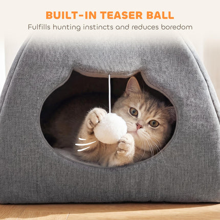 Cat Cave Bed for Indoor Kittens, Cat House with Removable Cushion and Teaser Ball, Kitty Igloo with Anti-Slip Base, 42 x 42 x 39 cm, Grey