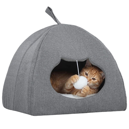 Cat Cave Bed for Indoor Kittens, Cat House with Removable Cushion and Teaser Ball, Kitty Igloo with Anti-Slip Base, 42 x 42 x 39 cm, Grey
