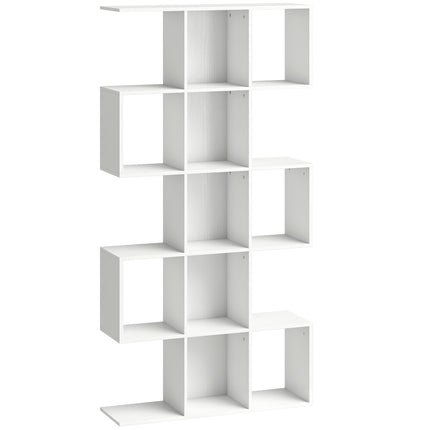 5-Tier Bookshelf, S Shaped Geometric Bookcase with 15 Compartments, White Wood Effect