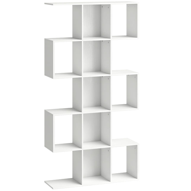 5-Tier Bookshelf, S Shaped Geometric Bookcase with 15 Compartments, White Wood Effect