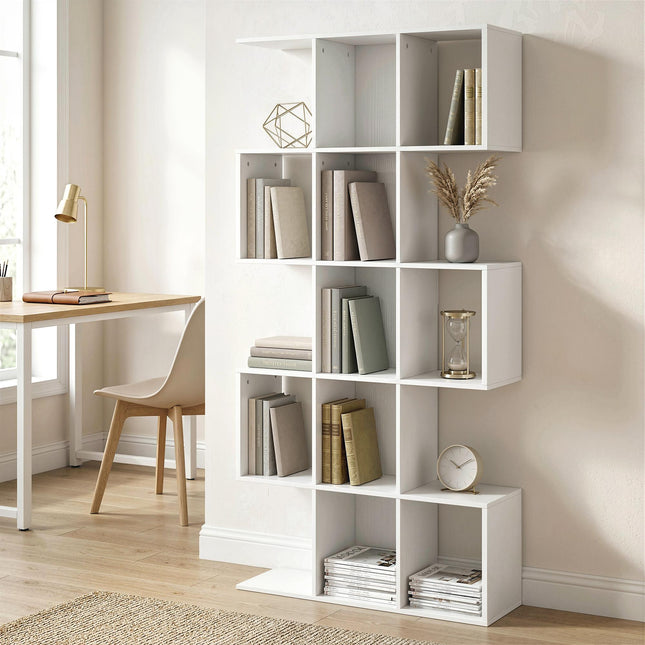 5-Tier Bookshelf, S Shaped Geometric Bookcase with 15 Compartments, White Wood Effect