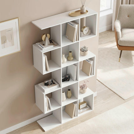 5-Tier Bookshelf, S Shaped Geometric Bookcase with 15 Compartments, White Wood Effect