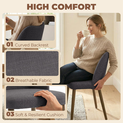 Dining Chairs Set of 2, Linen Upholstered Kitchen Chairs with Padded Seat, Curved Backrest, Rubberwood Legs, Dark Grey