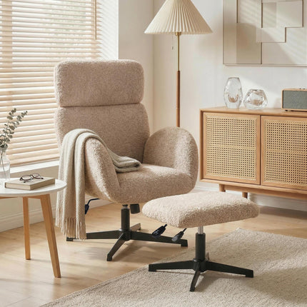 Swivel Armchair and Footstool Set, Height Adjustable Accent Chair with Adjustable Headrest, Rocking Function, Light Brown