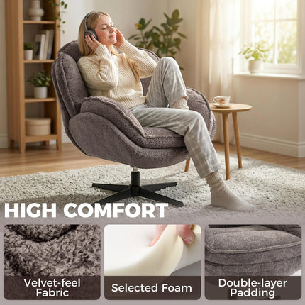 Modern Wingback Accent Chair, Velvet Armchair with Four-Star Base, S-Springs, Swivel, Grey