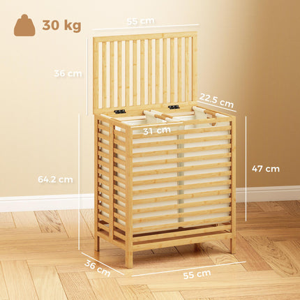 Bamboo Laundry Basket with Lid, 2 Baskets, Foldable, 64L, Natural and Cream White