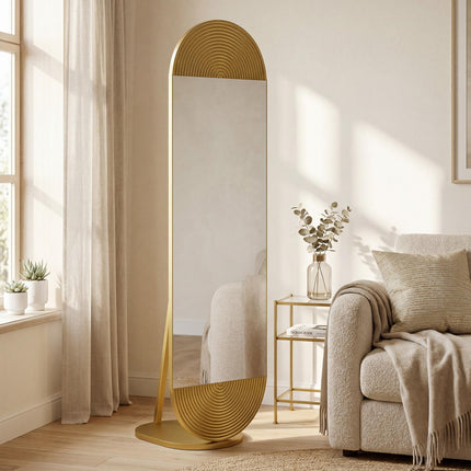 50 x 161 cm Wavy Full Length Mirror, Free Standing Mirror with Metal Frame and Solid Base, Gold Tone