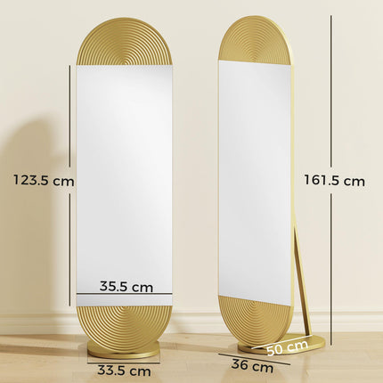 50 x 161 cm Wavy Full Length Mirror, Free Standing Mirror with Metal Frame and Solid Base, Gold Tone