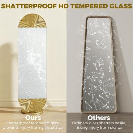 50 x 161 cm Wavy Full Length Mirror, Free Standing Mirror with Metal Frame and Solid Base, Gold Tone