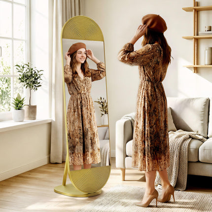 50 x 161 cm Wavy Full Length Mirror, Free Standing Mirror with Metal Frame and Solid Base, Gold Tone