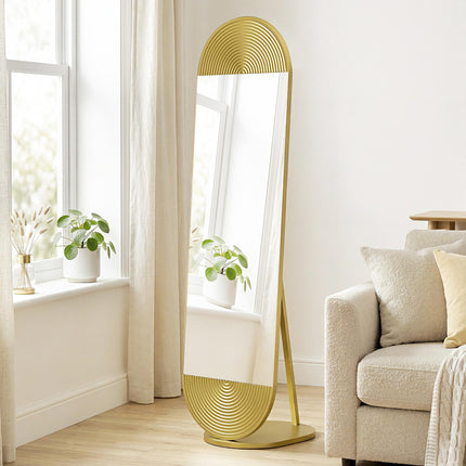 50 x 161 cm Wavy Full Length Mirror, Free Standing Mirror with Metal Frame and Solid Base, Gold Tone