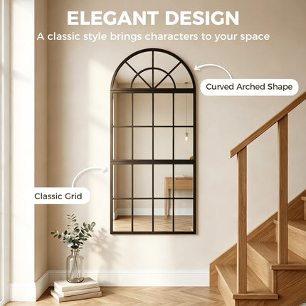 Large Arched Wall Mirror with Metal Grid, 3-Piece Split Window Mirrors, 120 x 54 cm, Black