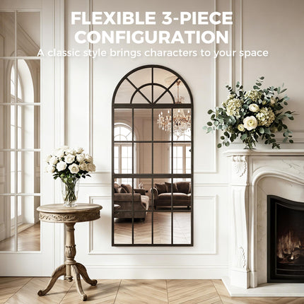 Large Arched Wall Mirror with Metal Grid, 3-Piece Split Window Mirrors, 120 x 54 cm, Black