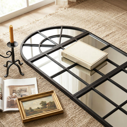 Large Arched Wall Mirror with Metal Grid, 3-Piece Split Window Mirrors, 120 x 54 cm, Black