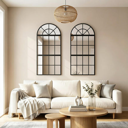 Large Arched Wall Mirror with Metal Grid, 3-Piece Split Window Mirrors, 120 x 54 cm, Black