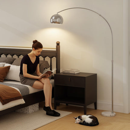 Arc Floor Lamp for Living Room, Modern Adjustable Standing Lamp with Faux Black Marble Base Silver Tone