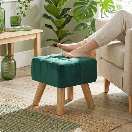 Velvet Square Padded Footstool - Dark Green