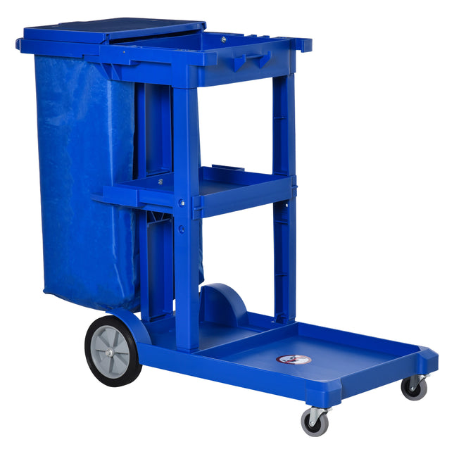 Janitor Cleaning Trolley with Bin, Shelves & Hooks - Blue