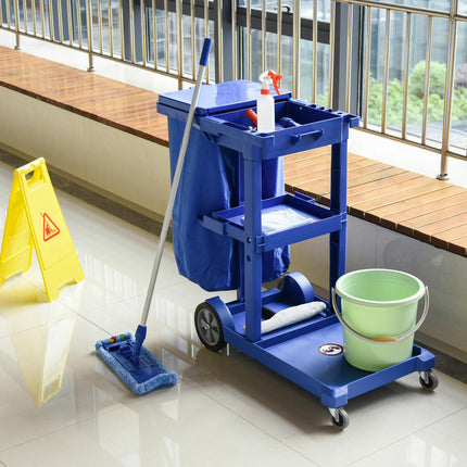 Janitor Cleaning Trolley with Bin, Shelves & Hooks - Blue