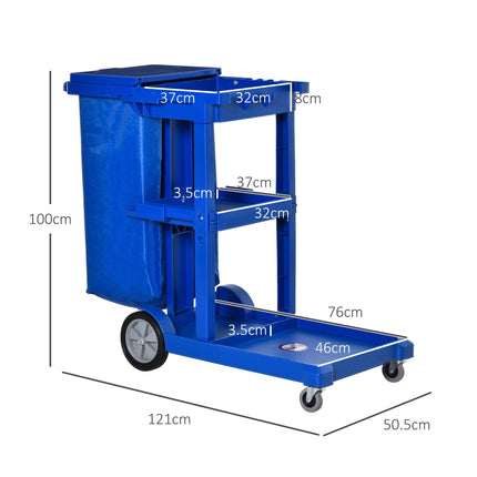 Janitor Cleaning Trolley with Bin, Shelves & Hooks - Blue