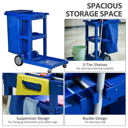 Janitor Cleaning Trolley with Bin, Shelves & Hooks - Blue