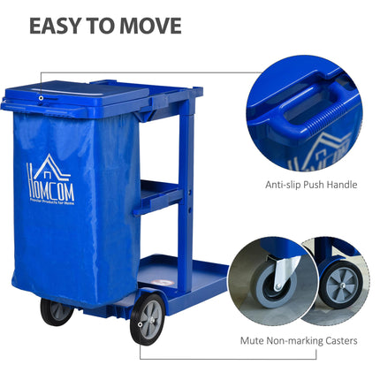 Janitor Cleaning Trolley with Bin, Shelves & Hooks - Blue