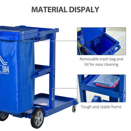 Janitor Cleaning Trolley with Bin, Shelves & Hooks - Blue