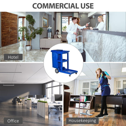 Janitor Cleaning Trolley with Bin, Shelves & Hooks - Blue